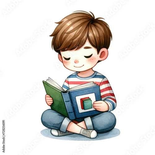 Cartoon girl boy character study, school child reading open paper story book from library, cute little students love literature isolated on white. Children read book set, education vector illustration © JR BEE