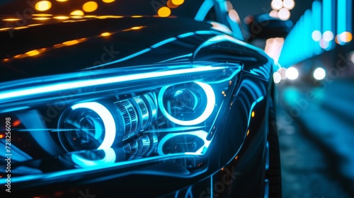 A closeup shot of a cars headlights with an intricate laser pattern creating a mesmerizing light display when turned on.