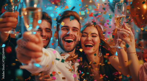 Group of elegant young people having Fun in motion throwing colorful confetti while dancing and toasting glasses of wine together, employees clinking glasses with champagne surrounded by confetti © Ishra