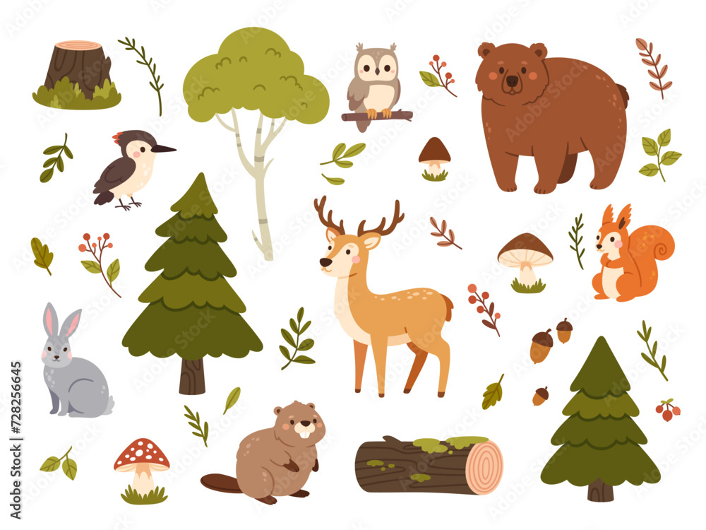 Obraz premium Wild forest animals. Bear, squirrel and deer, beaver and hare, woodpecker and mushrooms, fir tree and birch, berries. Cute baby woodland animal vector set