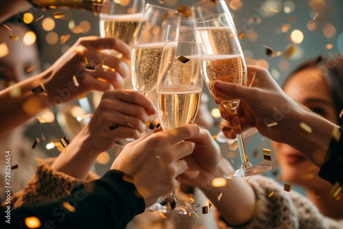 People clinking glasses with champagne surrounded by confetti, Friends toasting wine glasses and cheering together, Close-up view of glasses of clinking Champagne, People holding wine glasses on hand