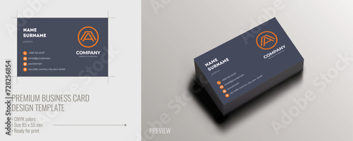 Vector business card design with orange background and letter A logo, visiting card template, cutaway mockup, calling card ready for printing, identification card with icons for contact information