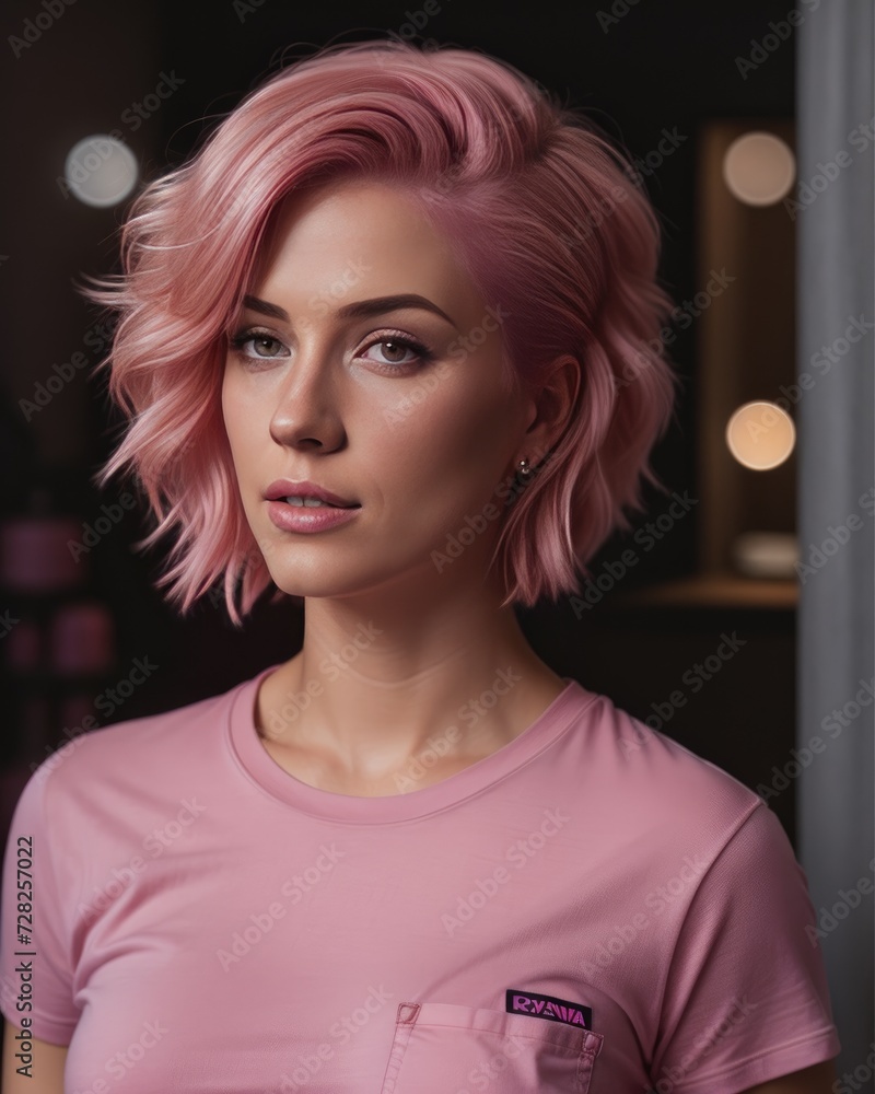 Portrait of a beautiful woman model pink hair and t-shirt Portrait of a beautiful woman model pink hair and t-shirt