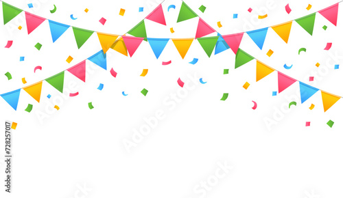 Celebration buntings flag. Decorative pennants hanging for birthdays, weddings or festive occasion. Banner with garlands and confetti. Vector illustration