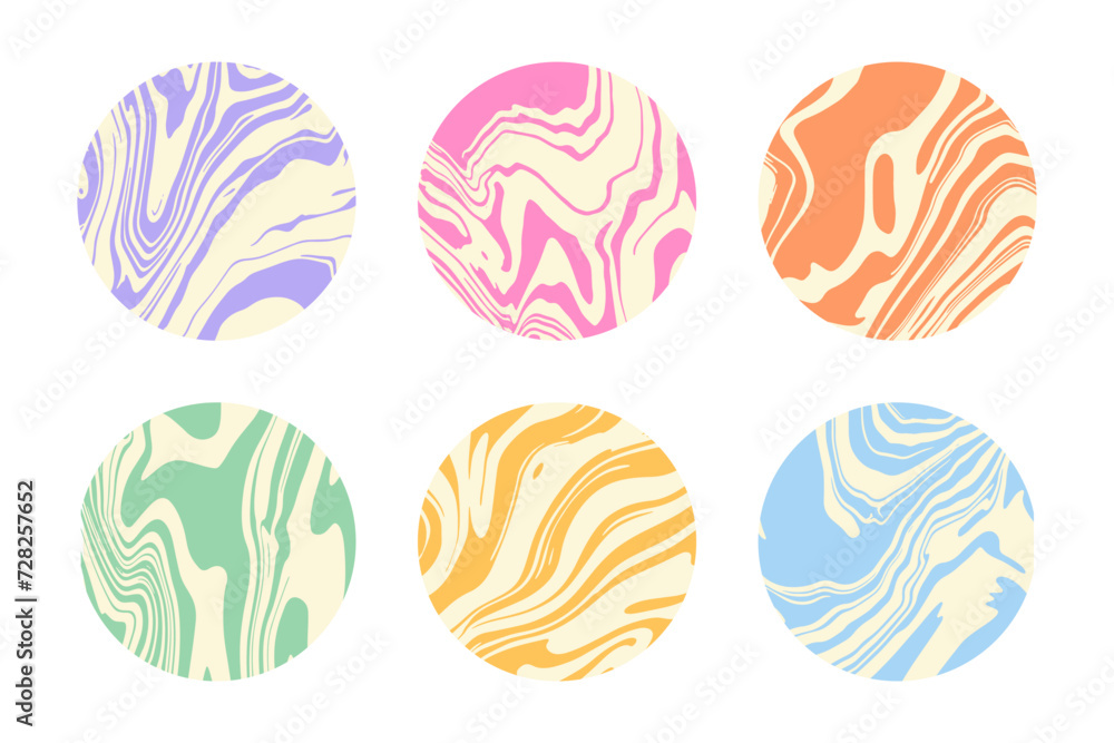 Marble groovy. Abstract funky retro liquid marbled texture. 60s 70s hippie graphic color prints in circle frames. Fluid ink acrylic vintage wavy groovy background