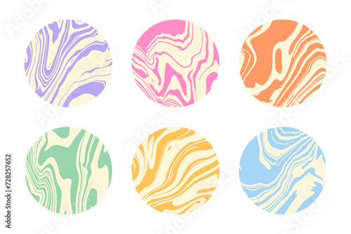 Marble groovy. Abstract funky retro liquid marbled texture. 60s 70s hippie graphic color prints in circle frames. Fluid ink acrylic vintage wavy groovy background © Foxy Fox