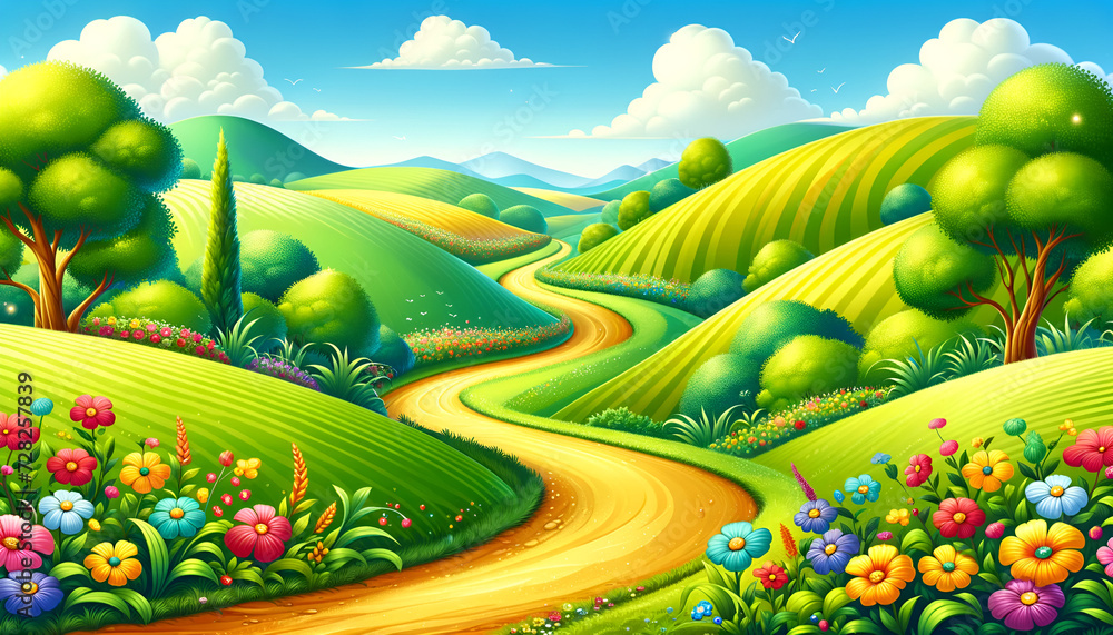 A joyful children's illustration featuring a meandering cobblestone path through serene green hills, a picturesque setting for tales of wonder and exploration.
Generative AI.