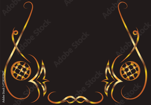 Fantasy illustration with ovals and swirls. Symmetrical ornament, applique, background with space for inscription. Gold gradient on a black background for printing on fabric, applique and cards.