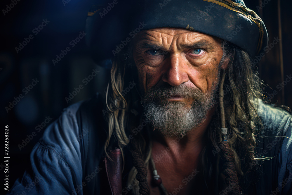 Close-up retro portrait of a Caucasian male pirate, 52 years old, sharing tales with a twinkle in his eye, in a shadowy cabin
Close-up retro portrait of a Caucasian male pirate, 52 years old, sharing tales with a twinkle in his eye, in a shadowy cabin