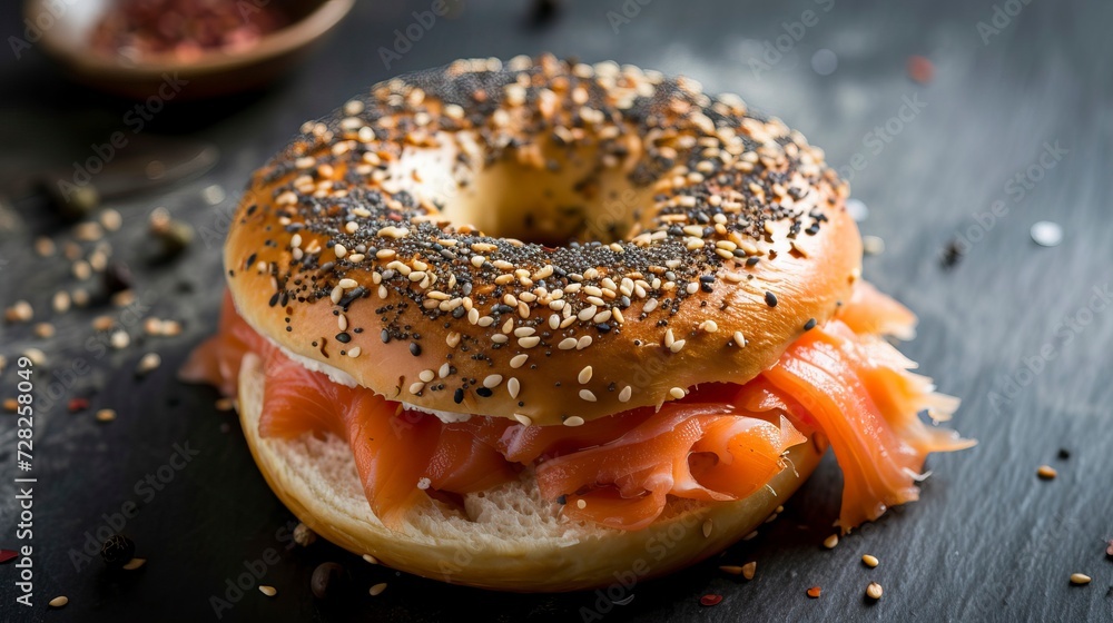 Smoked Salmon Bagel, Black Surface Table, minimalistic decor Smoked Salmon Bagel, Black Surface Table, minimalistic decor