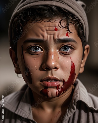 Portrait of a young kid with wound and blood