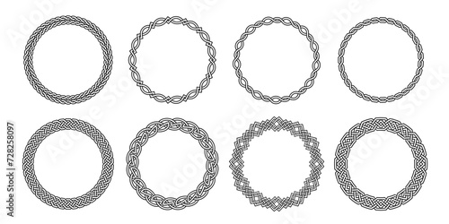 Celtic circle frames. Vintage round border frames with celtic knots, knotted braid ornaments northern Irish motifs. Circular magical patterns vector set