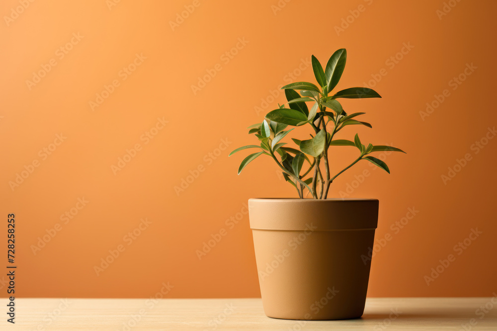 Fototapeta premium Minimalist photo of a plant in a recycled container on a solid earthy brown background, emphasizing reuse in gardening