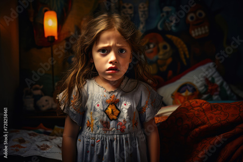  Photo of a 4-year-old girl, Mexican, in her bedroom, sobbing because she can't stay up late