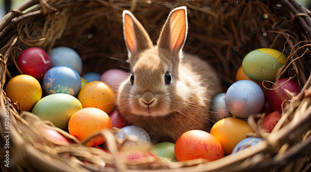 Cute bunny with Easter eggs created with Generative AI technology Cute bunny with Easter eggs created with Generative AI technology