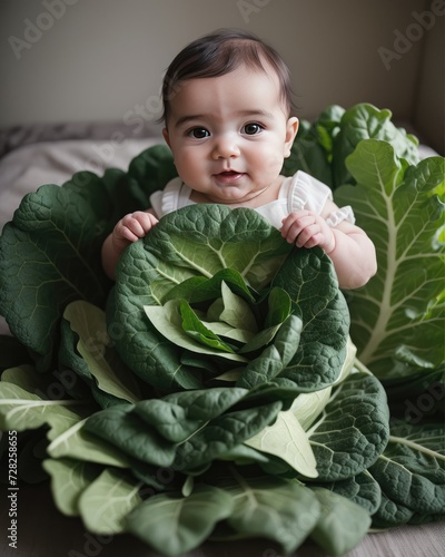 Cute little baby child with cabbage