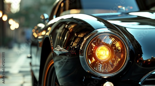 The smooth and sleek gl lens of a clic cars headlight captures the light and reflects it back adding a touch of glamour to its vintage charm.