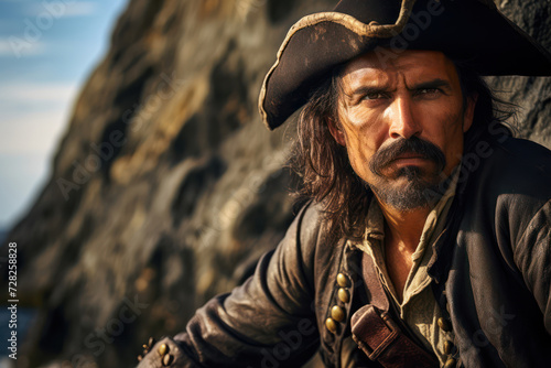 A Hispanic male pirate, around 42 years old, on a rocky shore, a look of determination as he hides his treasure