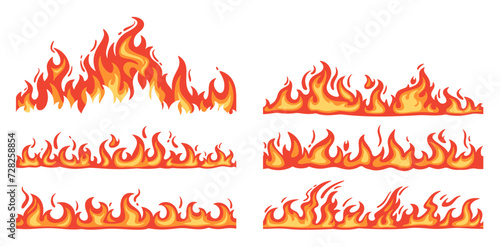 Cartoon fire borders. Flame frame, blazing dividers, hot flaming banners. Wildfire campfire and ignite elements, fire trail and flammable border isolated vector set