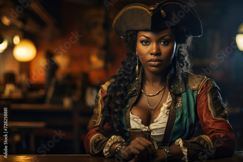  Retro portrait of an African female pirate, about 30 years old, with a stern expression, sitting in a dimly lit tavern