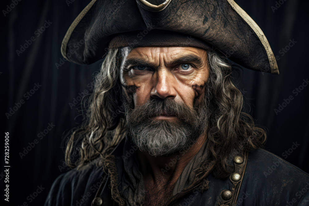 Portrait of a Caucasian male pirate, 39 years old, training recruits, captured in a moment of intense instruction