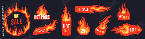 Hot sale badges. Flaming deal banner, hot discount price label and promotional offer tag with fire frame. Store sale sticker, shopping exclusive burn price vector flyer photo
