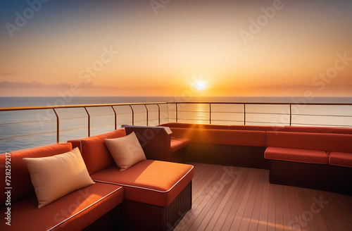Sunset from the open deck of a luxury cruise ship. High quality photos. Made with the help of artificial intelligence. Vacation, travel, cruise, vacation. © Антонина Кузнецова