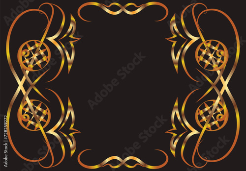 Illustration with ovals and curls. Symmetrical ornament, applique, background with space for inscription. Gold gradient on a black background for printing on fabric, applique and cards.