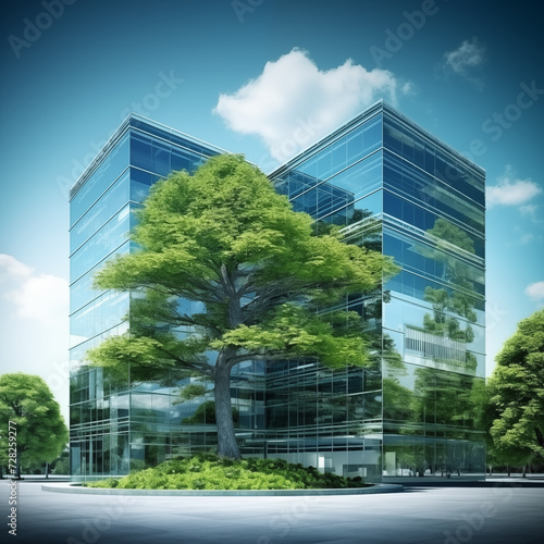 Sustainable green building Eco-friendly building. Sustainable glass office building with tree for reducing carbon dioxide. Office with green environment.