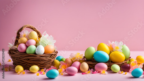 Spring color Easter candies arranged in a thoughtfully decorated setting, such as a cute candy box or ornament, blank space for text or product.