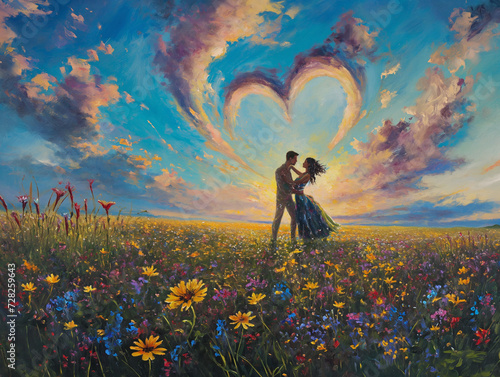 Beautiful couple dancing in the field. Cute St. Valentine postcard, oil painting