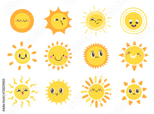 Sun emoji. Cute smiling, winking suns with funny faces. Doodle yellow summer sun. Vector solar summer symbols isolated set