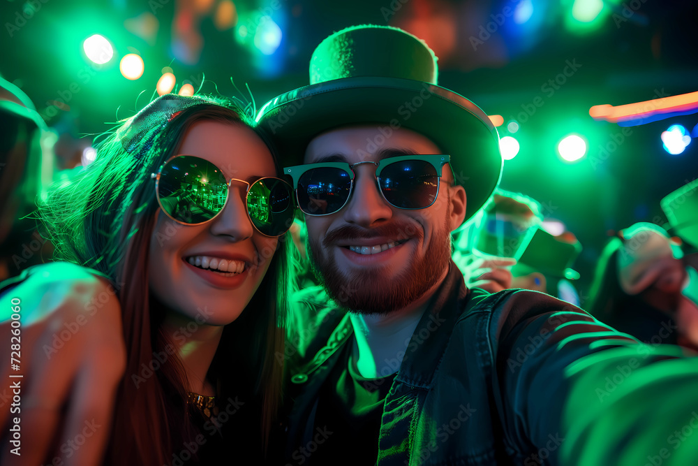 Two diverse friends man and woman enjoying the party in a bar and taking selfie with smart phone. People partying and celebrating St. Patrick's Day at night club.