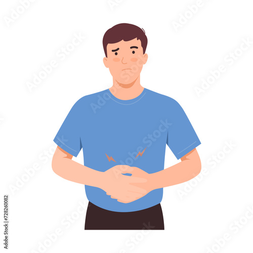 Hungry man holding his stomach. Stomach growls and rumbles. Abdominal problems, gastritis, indigestion. Male was hungry for food and water or eat too much. Isolated vector on white background.