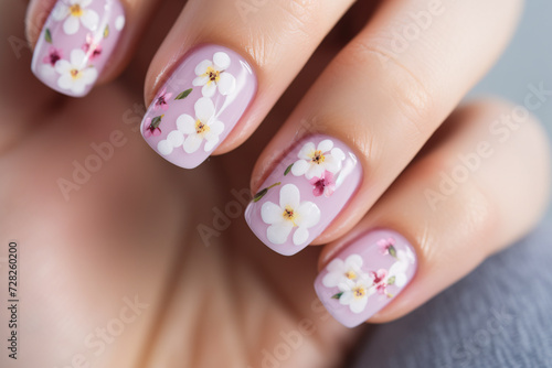 Fingernails with white flowers on pastel violet base nail art design