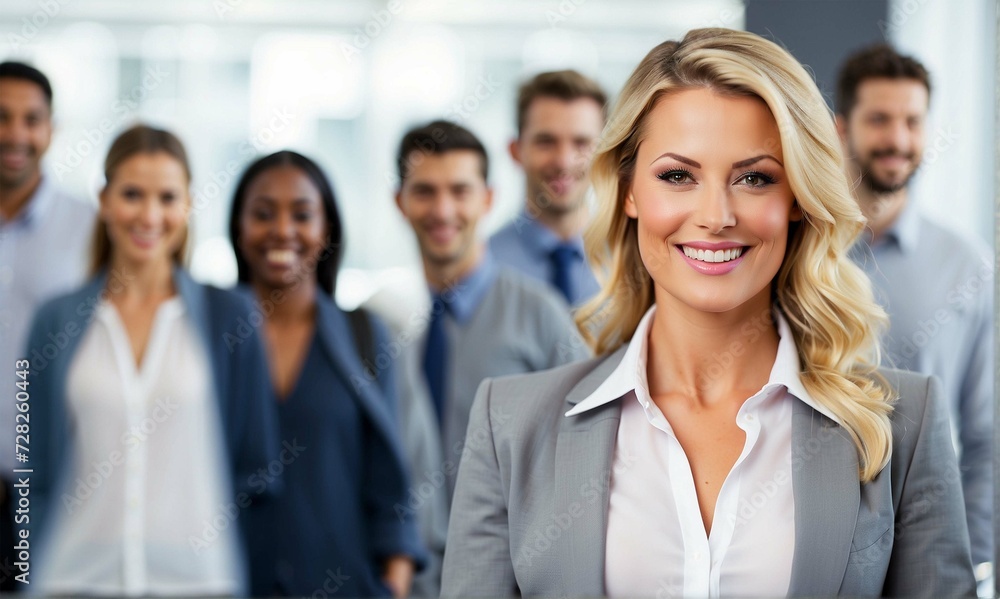 Smiling professional woman at her work office with her coworkers and employees in the background. Smiling professional woman at her work office with her coworkers and employees in the background.