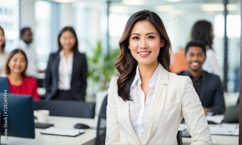Smiling professional woman at her work office with her coworkers and employees in the background.