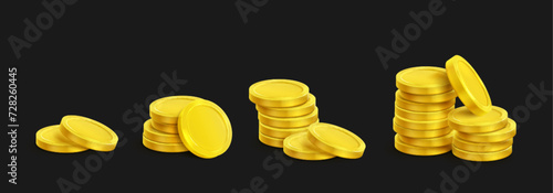 3D piles of golden coins isolated on black background. Vector realistic illustration of casino stack money, interest rate icon, bank deposit, income tax, savings in cash, cryptocurrency tokens