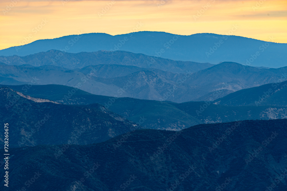 Sunrise, Santa Ynez Mountains, Telephoto, Layering, Blue Mountains, Orange Sky, Nature, Landscape
