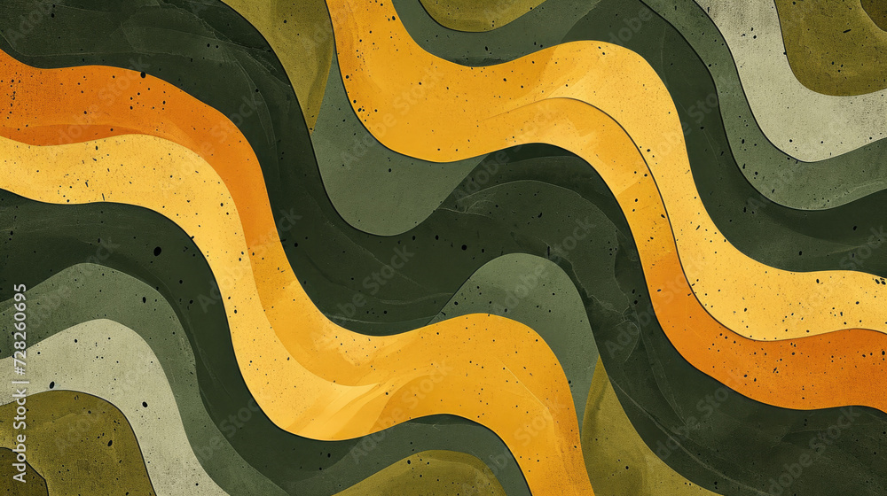 Groovy psychedelic abstract wavy background with rough texture combined with retro colors olive green, burnt sienna and mustard yellow