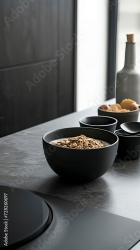 Whole Grain Cereal with Milk, Black Surface Table, minimalistic decor 