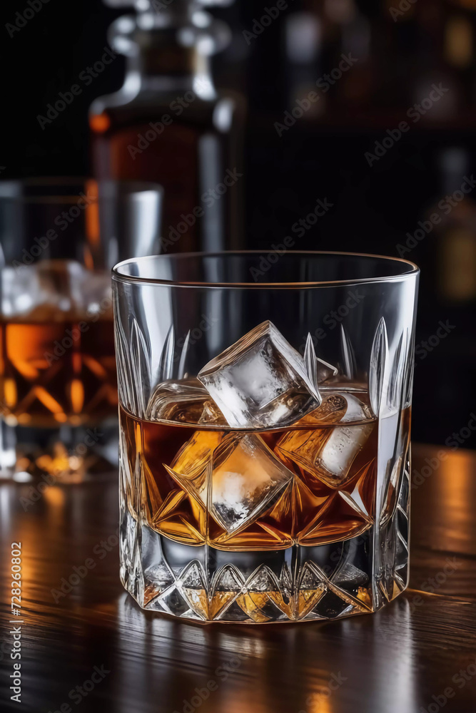 Whiskey with ice cubes on dark background. Generative AI