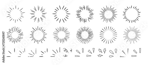 Doodle splashes and firework. Hand drawn brush explosion, round frame burst, black sparkle rays, shine starburst. Vintage line lighting effects. Vector collection