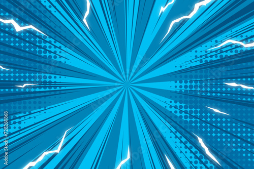 Comic blue Background With Power Fx/ Illustration of a powerful comics like page layout background with rays and halftone dots	