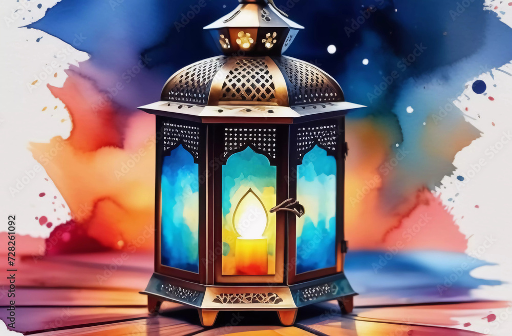 Watercolor arabian lantern against the background of the starry sky. Illustration. Generative AI Watercolor arabian lantern against the background of the starry sky. Illustration. Generative AI