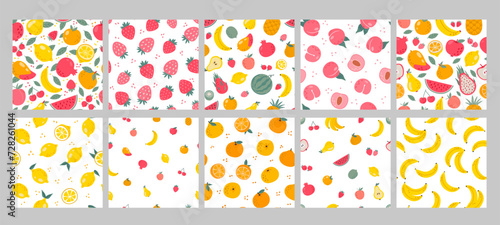 Fruit pattern. Seamless background with hand drawn fruit and berries. Trendy abstract print lemon, sweet peach, banana, tropical orange, season strawberry. Vector set