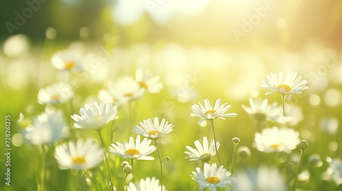 A vibrant field of daisies and chamomile, bathed in the warm sun of spring, evokes a sense of peace and natural beauty in the heart of nature