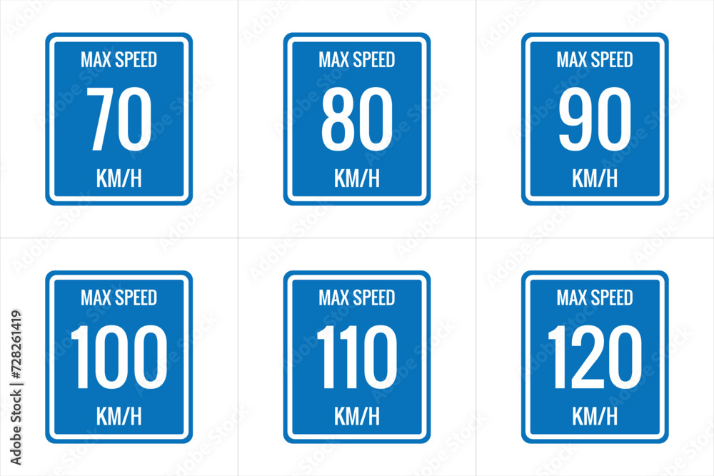 Maximum Speed limit sign 70 kmh, 80, 90, 100, 110, 120 Kmh, sign icon on white background vector illustration. Maximum Speed limit sign 70 kmh, 80, 90, 100, 110, 120 Kmh, sign icon on white background vector illustration.
