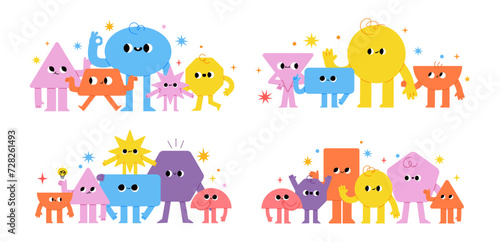 Geometry characters. Comic funny basic geometric figures group for banner and poster. Different emotion, kids compositions for child studying. Vector cute shapes photo