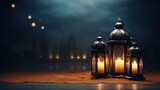 Create a hyper-realistic scene of a Ramadan Kareem banner background adorned with illuminated lanterns and delicate Arabic calligraphy